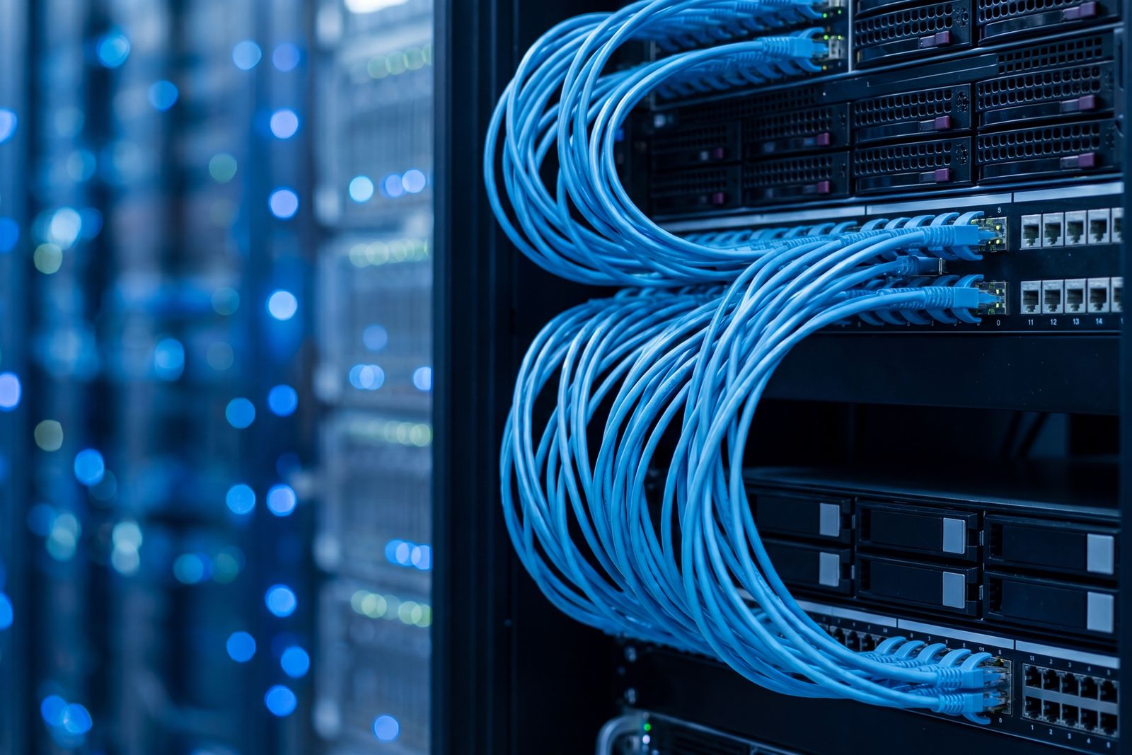 Cables de red azules conectados a un rack de servidores en un centro de datos
